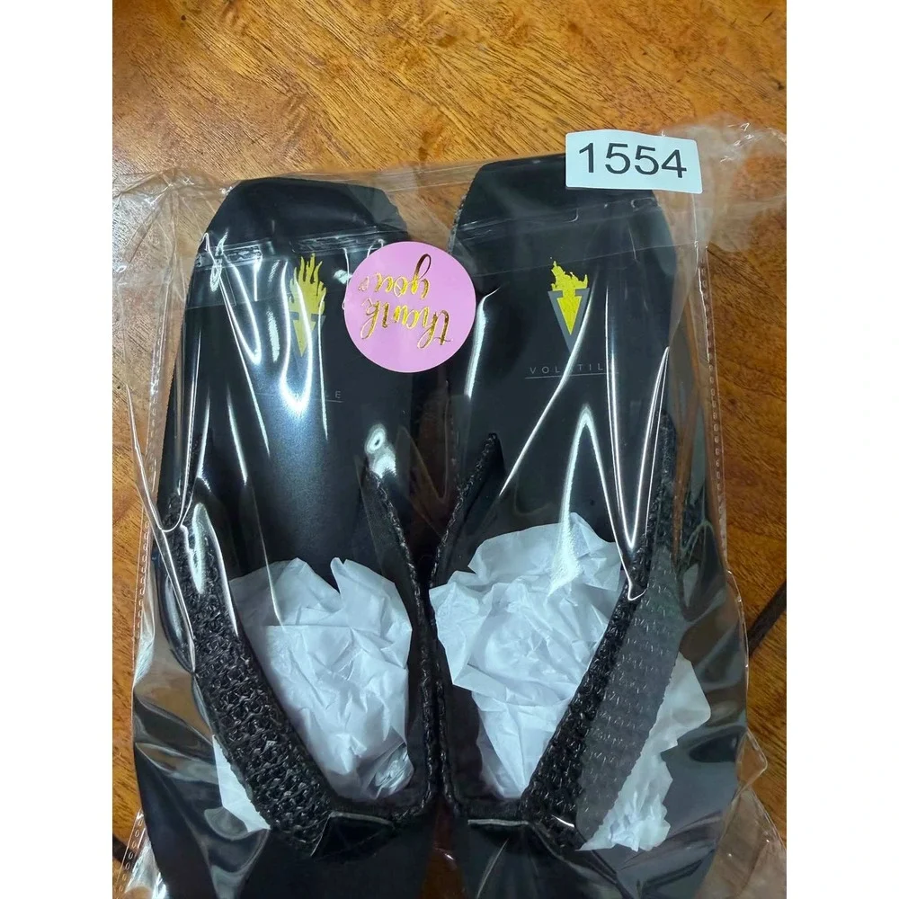 Volatile Black Platform Flip Flops Chunky Wedge Woven Strap Sandals Womens 9.5in
